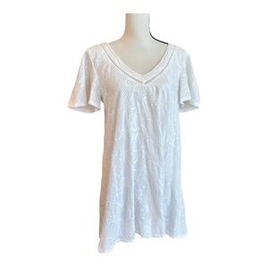 Show Me Your Mumu Womens Crystal Tunic White Eyelet Short Sleeve V-Neck Solid S